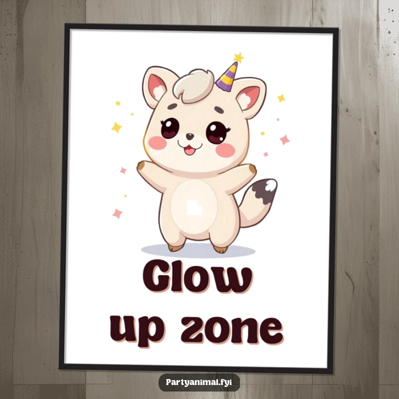 Funny animal character bouncing energetically under vibrant party lights, a downloadable digital art print for instant festive humor.