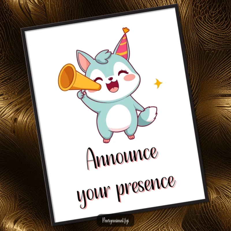 Funny digital art print of a happy animal character loudly blowing a party horn, conveying infectious celebration.