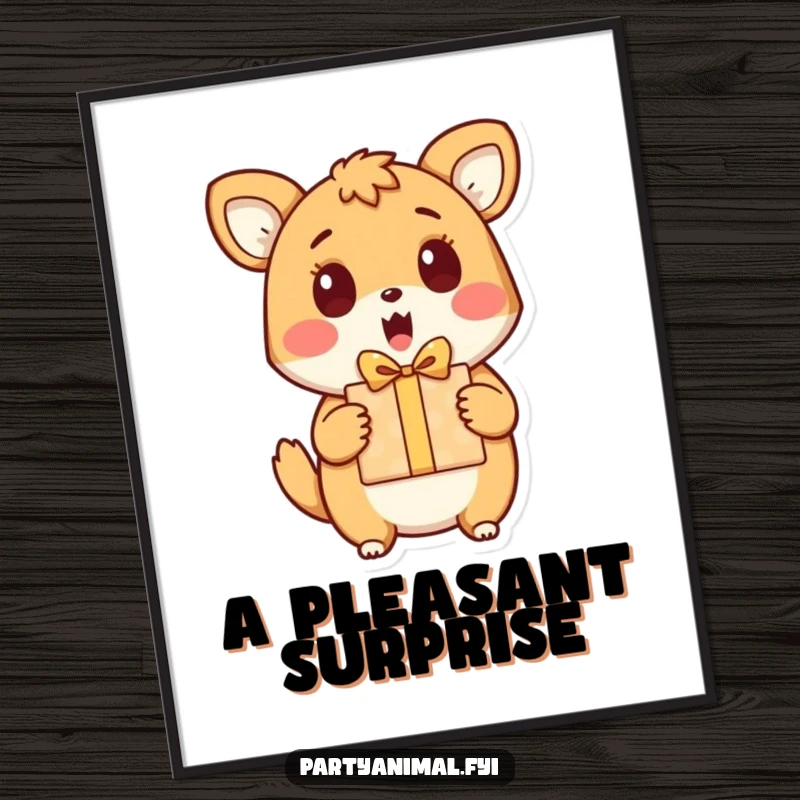 Funny digital art print of an animal character with a genuinely surprised and happy expression upon receiving a gift.