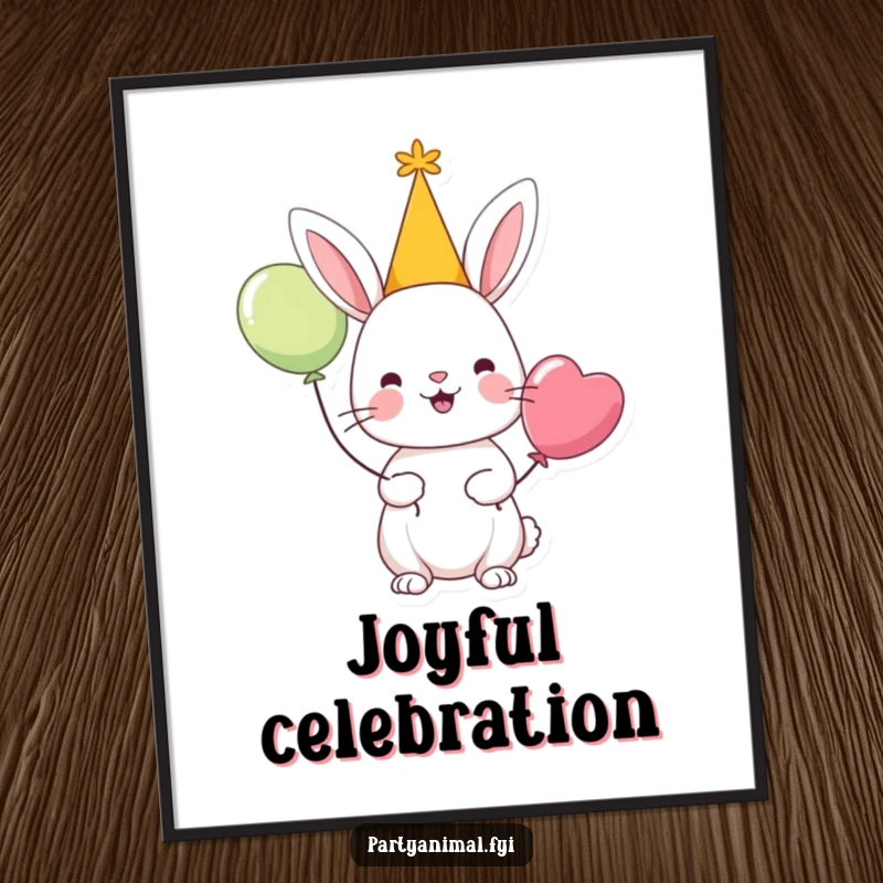 Funny digital art print of a cheerful rabbit character in a party hat holding a balloon, perfect for festive decor.