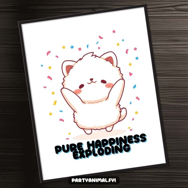 Funny fluffy animal character joyfully throwing confetti as a digital art print, offering instant happiness and festive vibes.