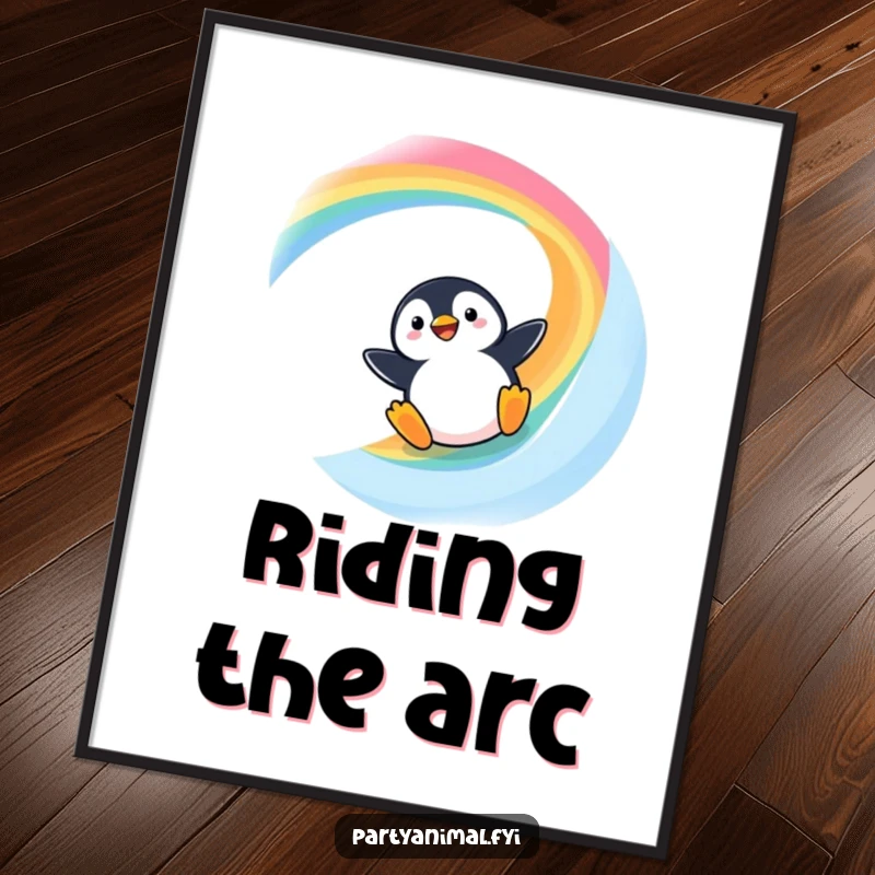 Funny Kawaii Penguin Digital Art: Cute penguin joyfully sliding down a vibrant rainbow slide, instant humorous wall art.