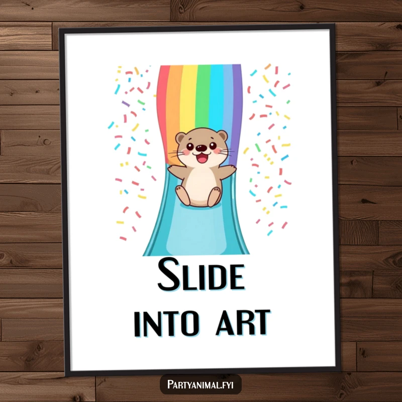 Funny digital art print of a happy otter character sliding down a vivid rainbow confetti slide, radiating pure joy and colorful fun instantly.