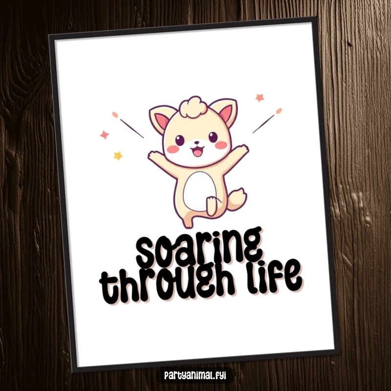 Funny digital art print of an animal character jumping high, with colorful streamers flowing dynamically, conveying pure joy.