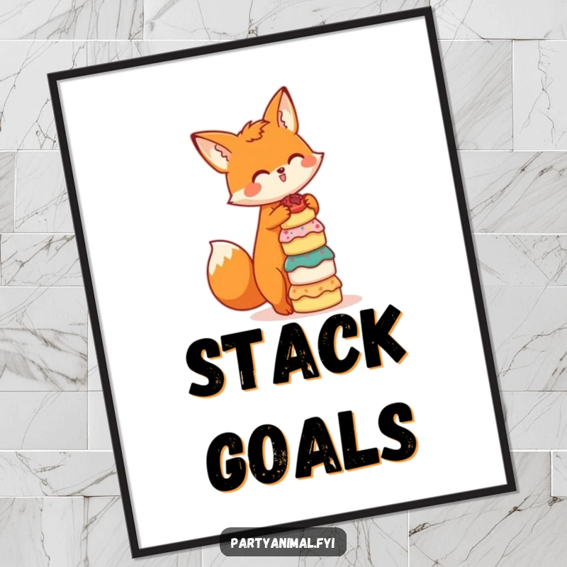Funny digital art print of an orange fox character balancing a stack of miniature cakes, capturing a moment of playful charm and sweetness.