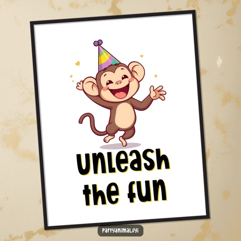 Funny monkey wearing a silly party hat, dancing wildly, digital art print for instant humorous decoration, perfect for adding joy, a funny gift.
