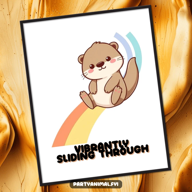 Funny Otter Digital Art Print: An ecstatic otter slides down a vivid streamer rainbow, bringing instant joy and color to any digital display.
