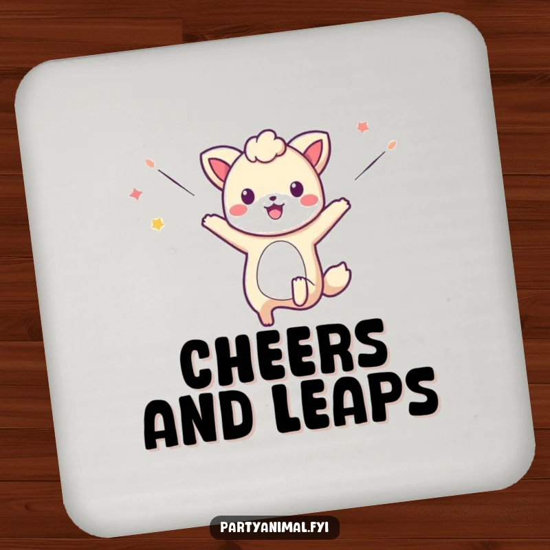 Funny drink coaster depicting a leaping animal character amidst flying streamers, adding a festive and humorous touch.