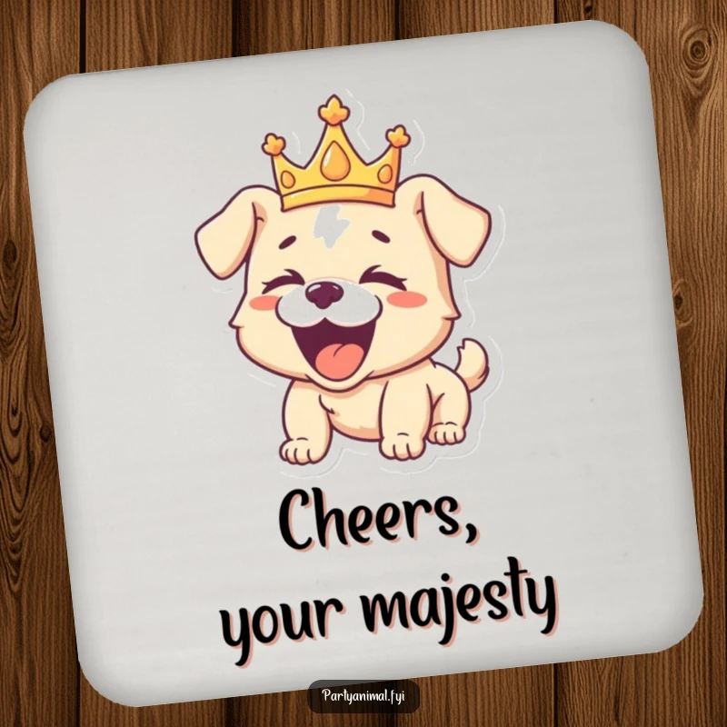 Funny coaster featuring a playful puppy wearing a crown, roaring with laughter, protecting surfaces with regal humor and charm.