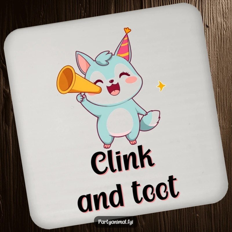 Funny drink coaster with a happy animal character blowing a party horn, adding festive sound and humor to tabletops.