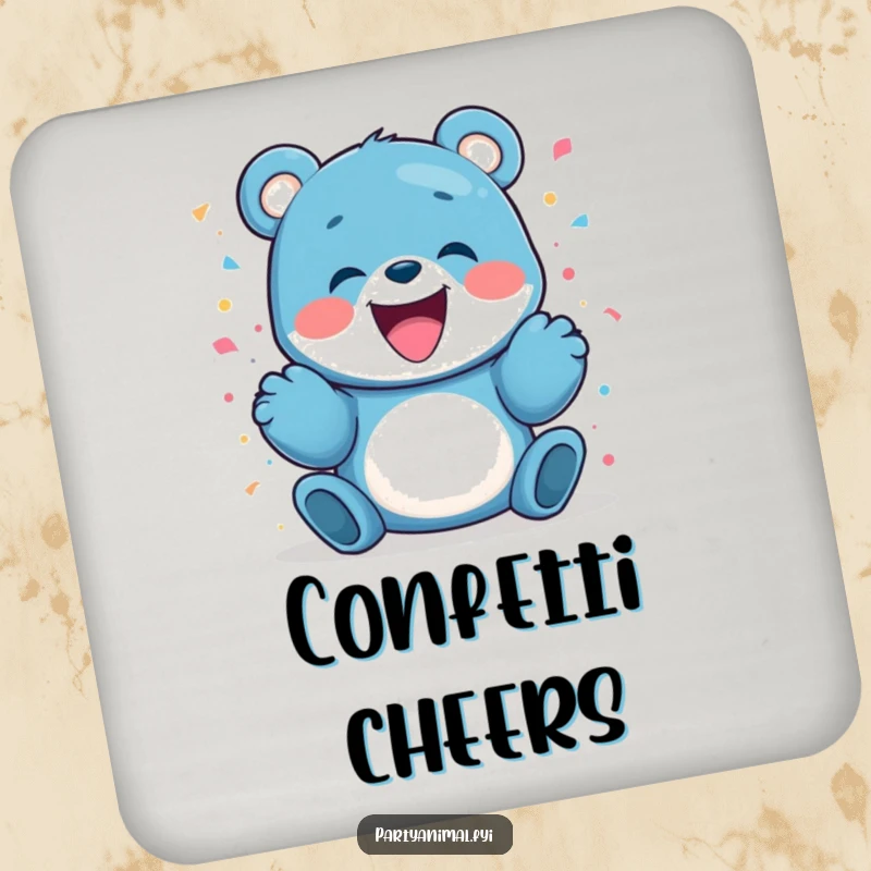 Funny blue bear character gleefully launching confetti, a cute and functional addition to any tabletop.
