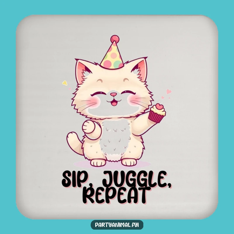 Funny Cat Coaster - Juggling Cupcakes Drink Saver, Perfect Funny Gift