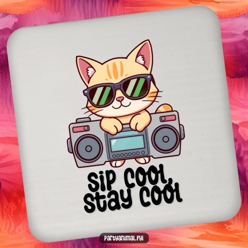 Funny drink coaster featuring a cat in sunglasses posing on a boombox, protecting surfaces with hip-hop flair.