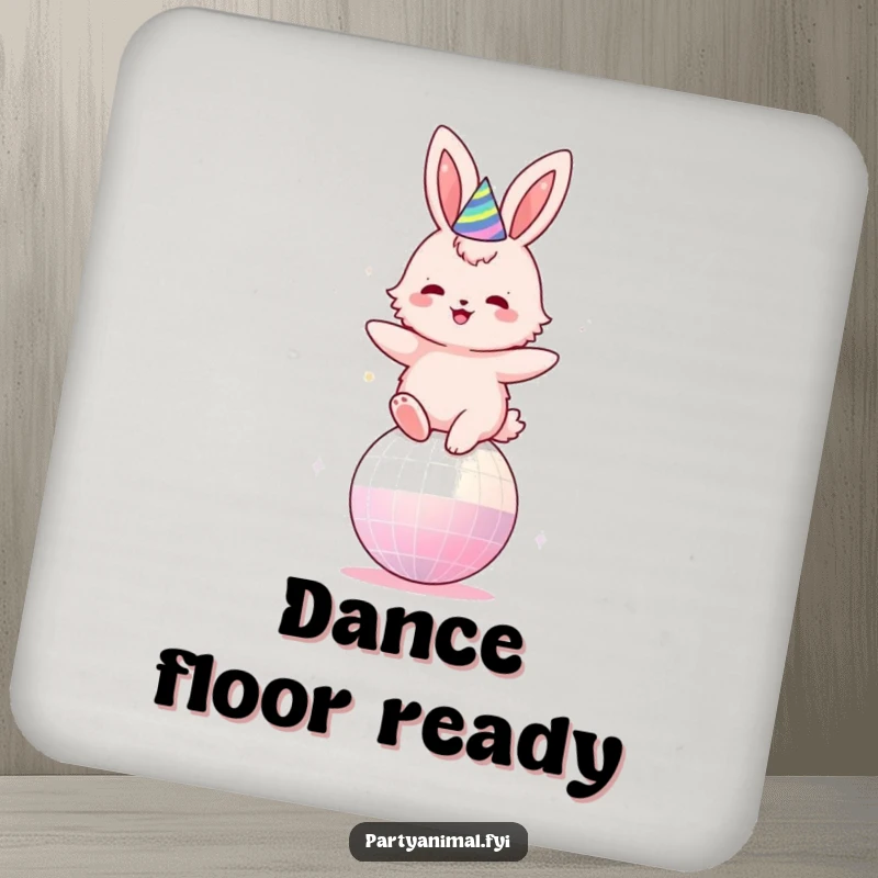 Funny coaster featuring a fluffy pink bunny in a party hat, joyfully bouncing on a disco ball, symbolizing celebration.