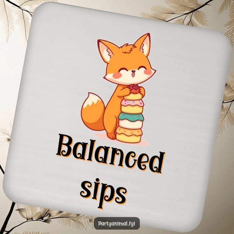 Funny drink coaster featuring a cute orange fox character balancing a stack of tiny cakes, adding a touch of playful charm to tabletops.