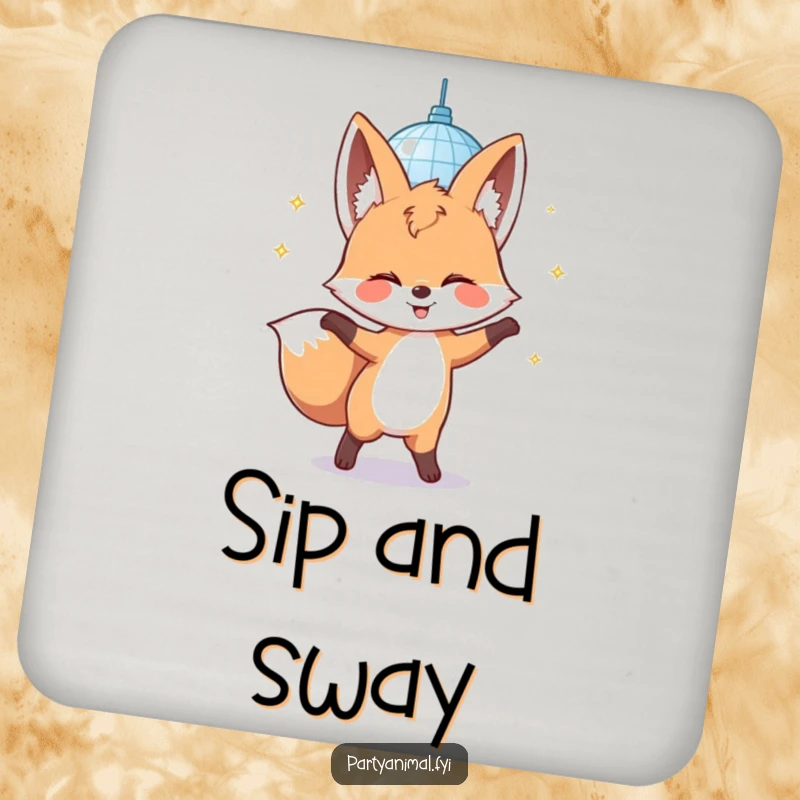 Funny drink coaster featuring a giggling fox character dancing under a disco mirror ball, adding a dose of humorous flair.