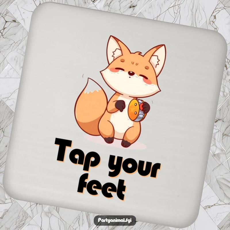Funny Fox Tambourine Coaster: A happy fox is shown energetically playing a small tambourine, adding a musical and joyful element to drink protection.