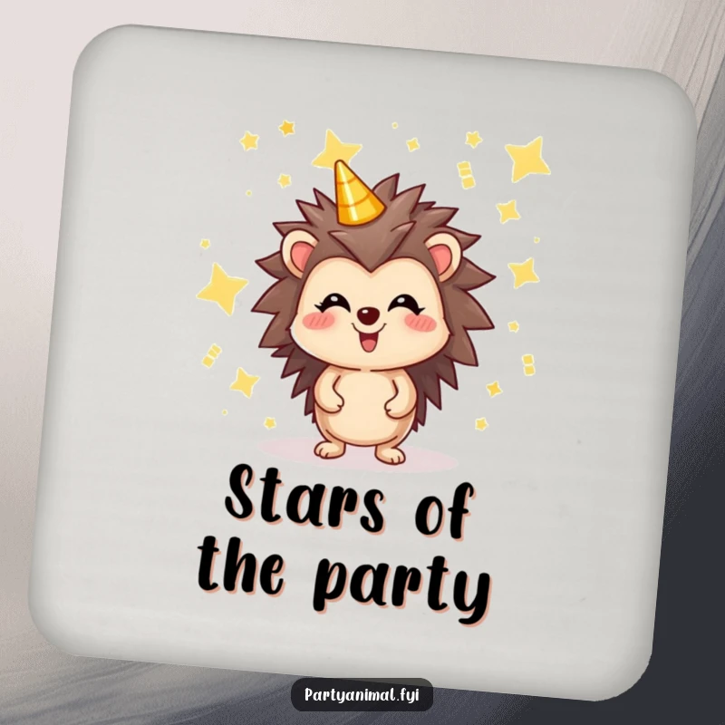Funny coaster featuring a joyful hedgehog surrounded by shimmering party stars, protecting surfaces with festive sparkle and charm.