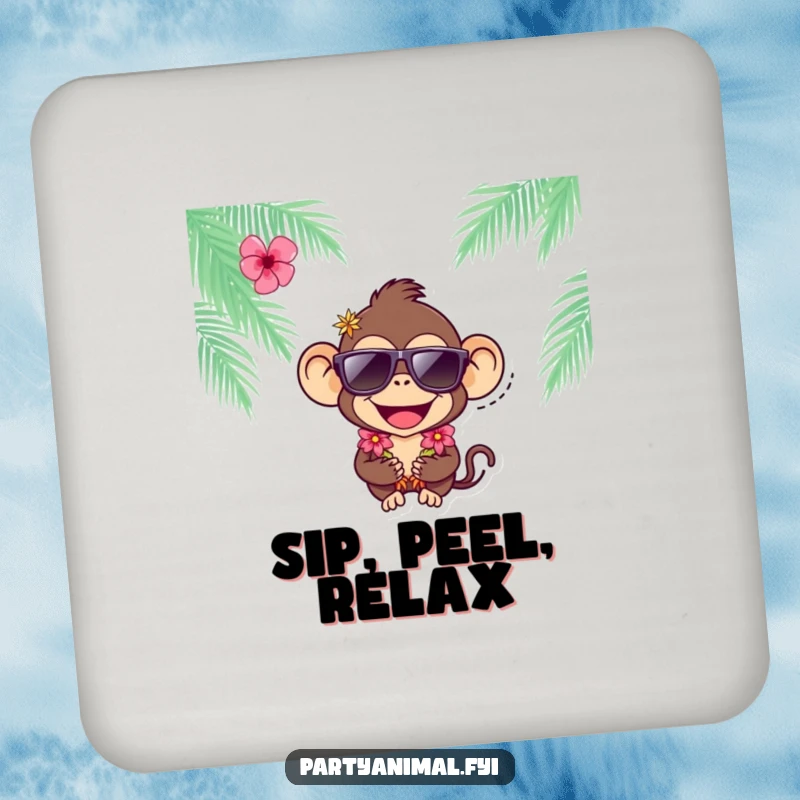 Funny joyful monkey character wearing sunglasses and a lei on drink coasters, adding tropical humor.