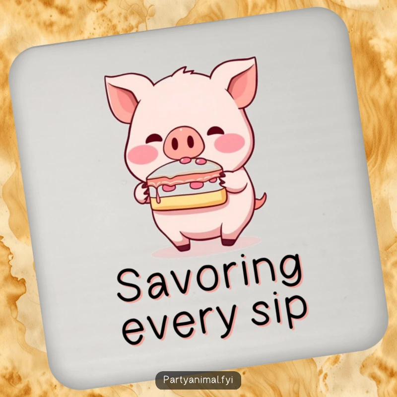 Funny pig drink coaster, a blushing character balancing a slice of cake on its snout, exuding sweetness and protecting surfaces.