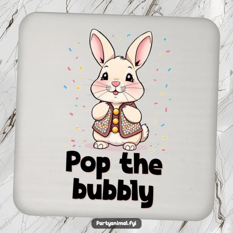 Funny Drink Coaster featuring a sequined rabbit blowing confetti, protecting surfaces with a humorous and vibrant design, perfect for party settings.