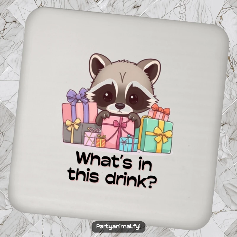 Funny raccoon drink coaster, a curious character peeking out from behind wrapped gifts, adding playful charm and surface protection.
