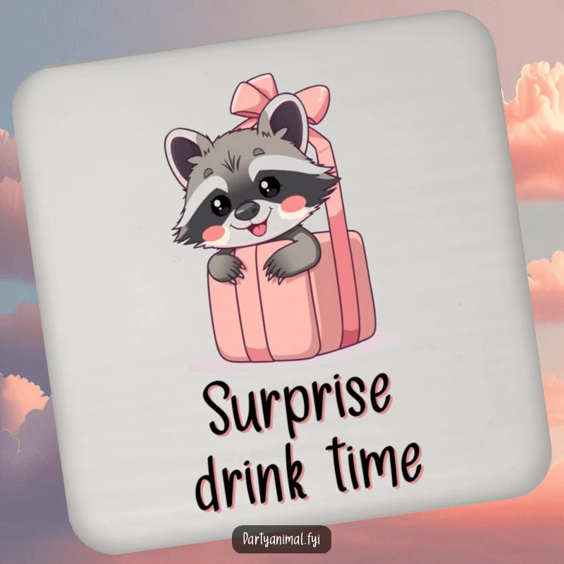 Funny raccoon drink coaster featuring a giggling raccoon peeking from behind a giant unwrapped gift, a playful tabletop accent.