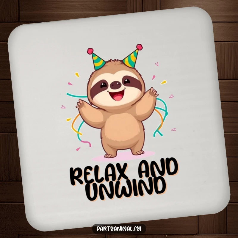 Funny happy sloth wearing party streamers, slow-motion shimmying on a drink coaster, protecting tables with relaxed humor, a perfect funny gift.