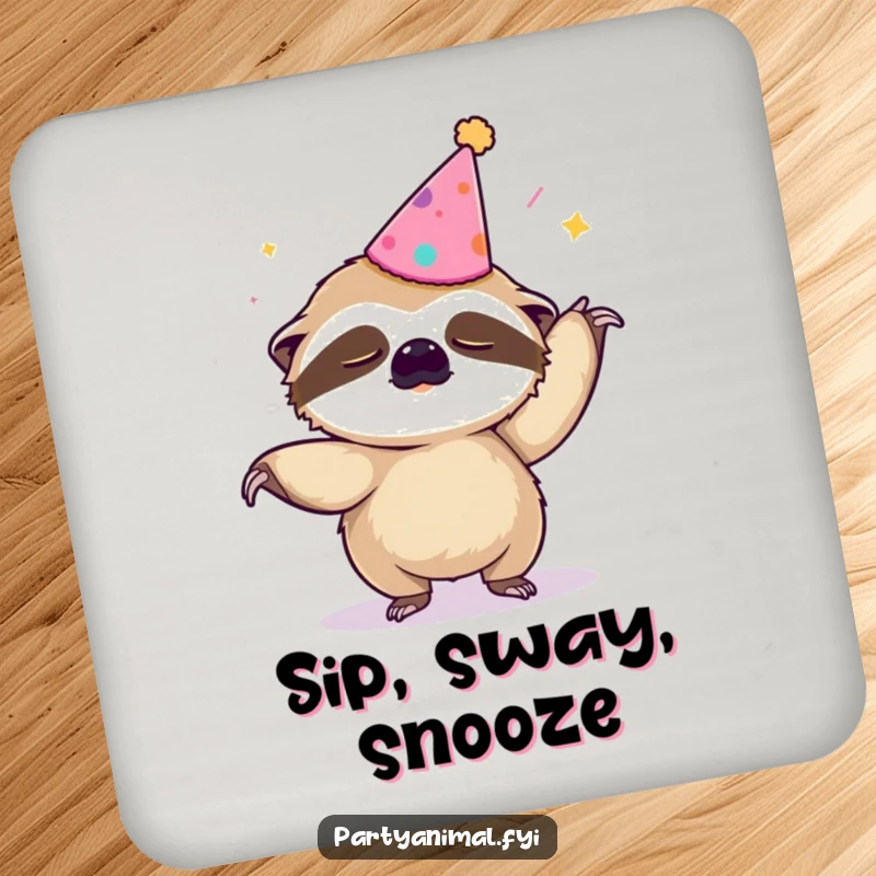 Funny drink coasters featuring a sleepy sloth in a party hat doing the Macarena, great for table protection.