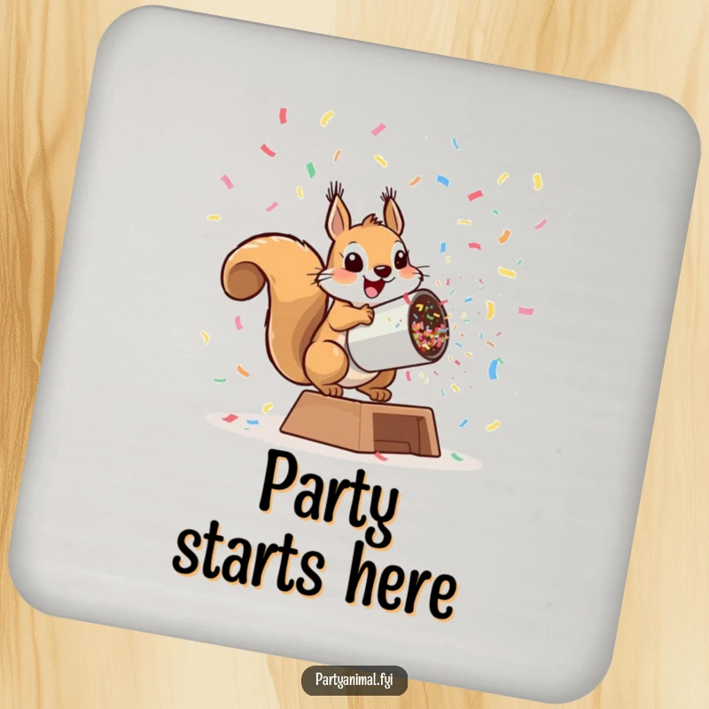 Funny playful squirrel launching from a giant confetti cannon on a drink coaster, protecting tables with explosive humor, a perfect funny gift.