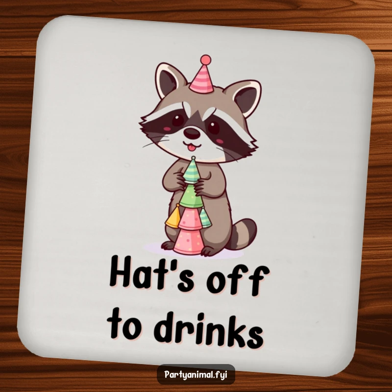 Funny Drink Coaster featuring a mischievous raccoon balancing a stack of tiny party hats, protecting surfaces with a whimsical and humorous bandit design.