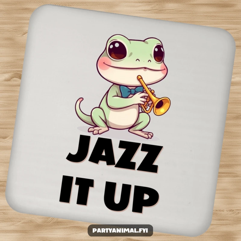 Funny coasters featuring a dapper gecko in a tiny bow tie playing a miniature trumpet, adding musical charm to tabletops.