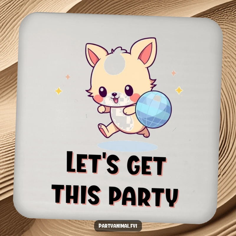 Funny animal character focused on catching a disco ball, designed as a humorous and protective drink coaster.