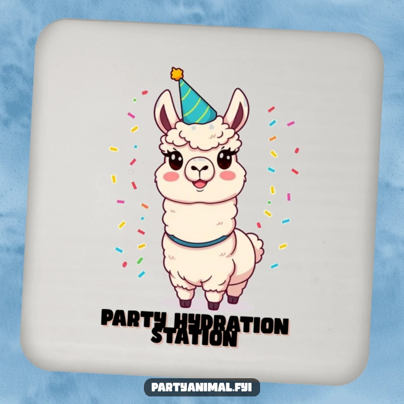 Funny llama drink coaster featuring a cheerful llama in a party hat juggling colorful confetti, a festive tabletop accent.