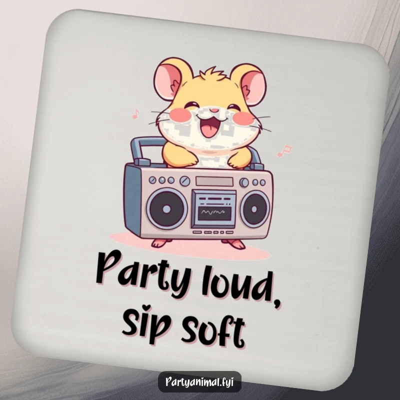 Funny hamster drink coaster, a cheerful character riding a boombox, grooving to music, adding a musical flair to table protection.