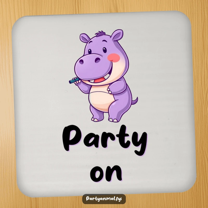 Funny Drink Coaster featuring a purple hippo character happily twirling a noisemaker with a wide smile, adding festive charm.
