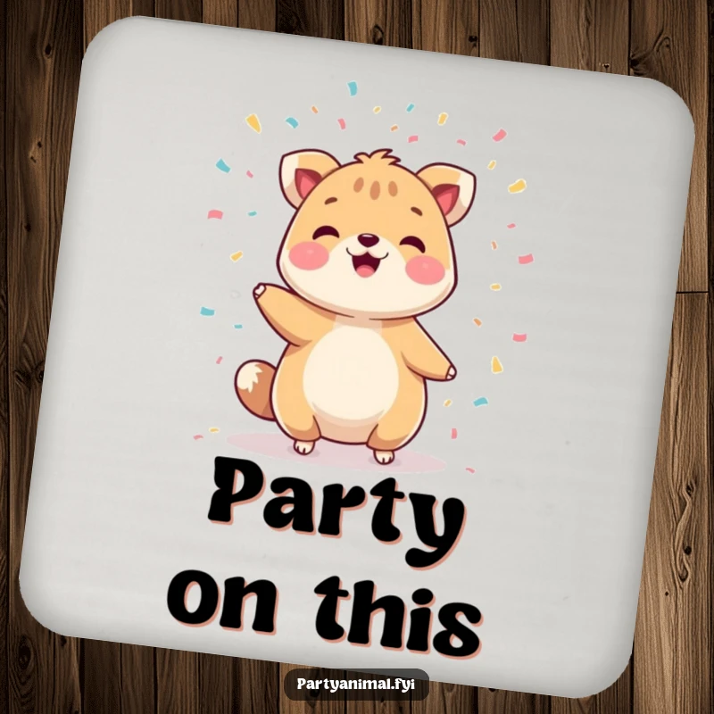 Funny drink coaster with a cheerful animal character juggling confetti, protecting furniture with a humorous design.