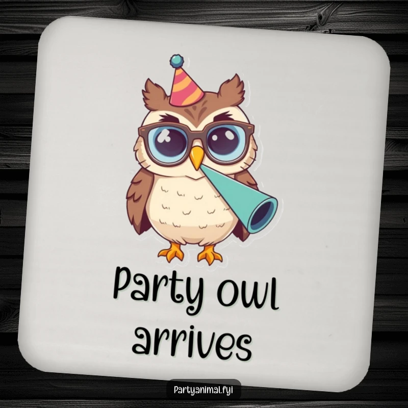 Funny Owl Glasses Party Horn Coaster: A smiling owl in big glasses blows a party horn, adding a festive and humorous touch to drink protection.