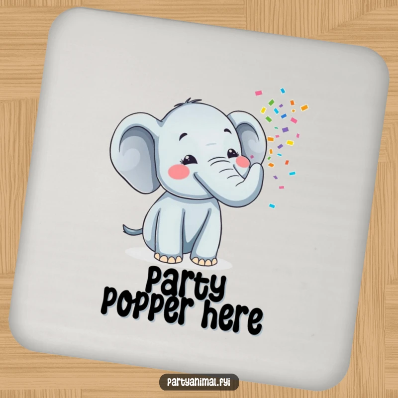 Funny coasters featuring a cheerful elephant character blowing a vibrant stream of confetti from its trunk, perfect for party tables.