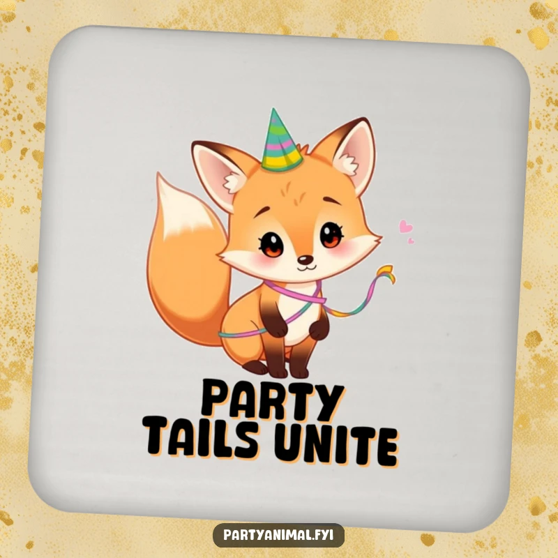 Funny Drink Coaster featuring a curious fox with a party streamer wrapped around its tail, protecting surfaces with a whimsical and charming woodland design.