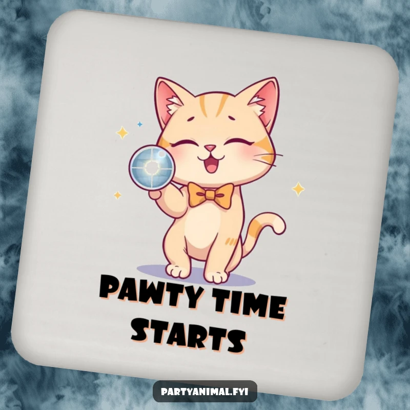 Funny Cat Bow Tie Disco Ball Coaster: A playful cat in a bow tie batting at a shiny disco ball, adding a stylish and fun touch to drink protection.