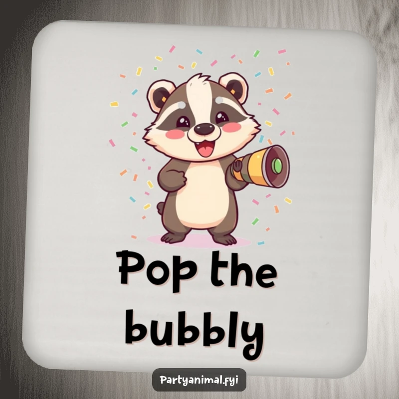 Funny Badger Coaster: A delighted badger bursts from a confetti cannon, adding a vibrant and fun element to drink protection.