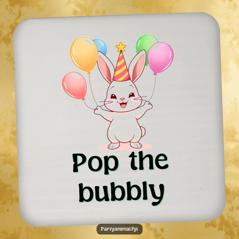 A cute bunny juggles colorful balloons on a round drink coaster, adding a touch of fun to any surface.