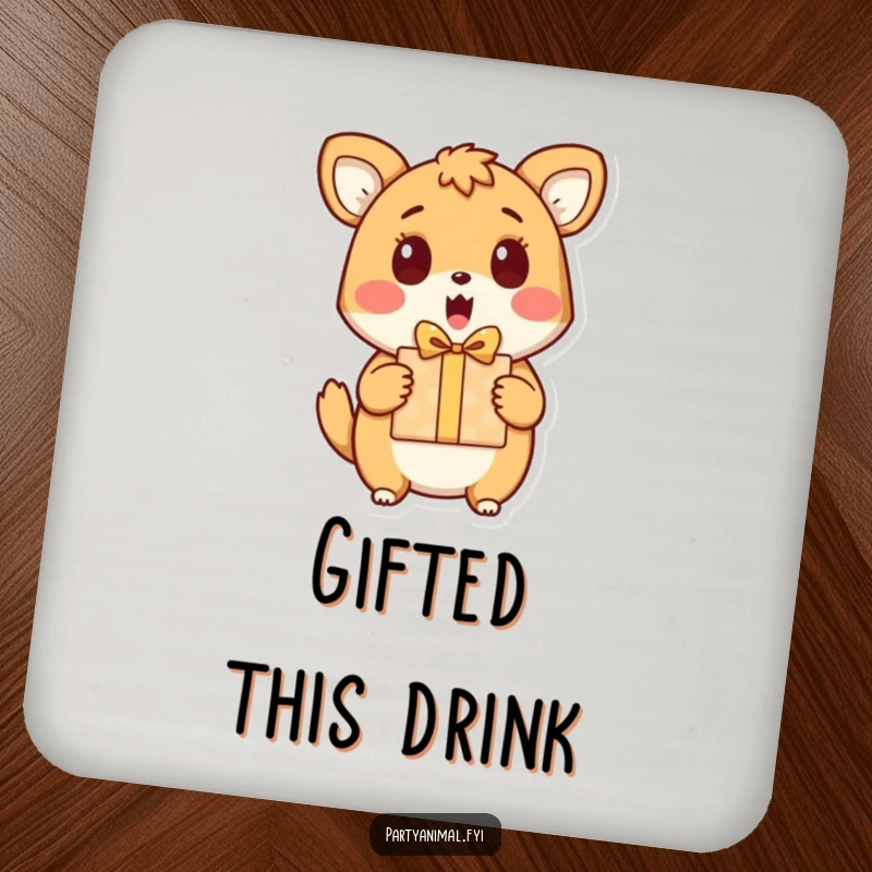Funny drink coaster with a surprised animal character receiving a gift, adding humor to tabletops.