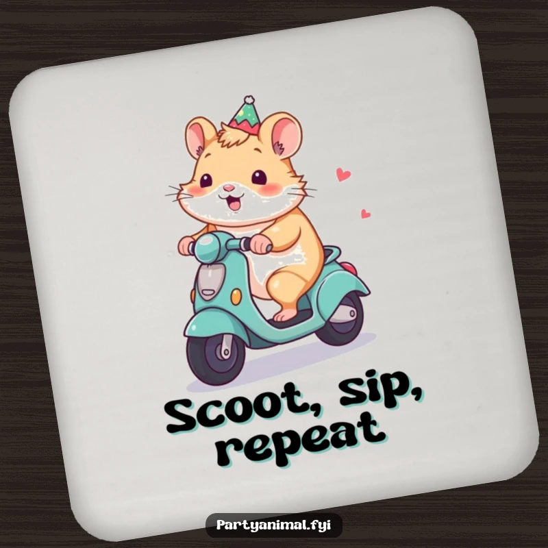Funny Hamster Coaster: A happy hamster rides a tiny decorated party scooter, bringing a touch of fun to drink protection.