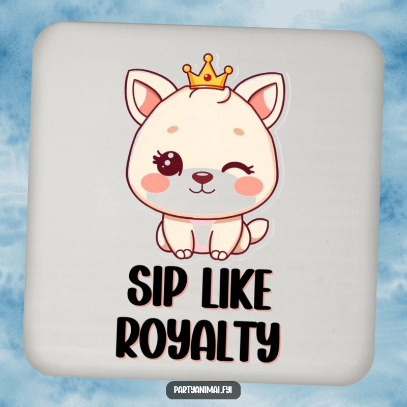 Funny animal character winking under a tiny crown, serving as a humorous and protective drink coaster for any surface.