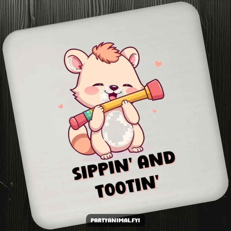 Funny Drink Coasters: An animal character enthusiastically plays a tiny, colorful kazoo, adding musical fun to drinks.