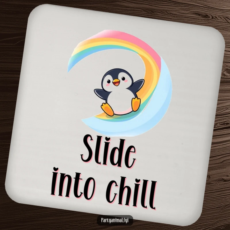 Funny Kawaii Penguin Coasters: Cute penguin sliding down a rainbow, protecting surfaces with adorable humor.
