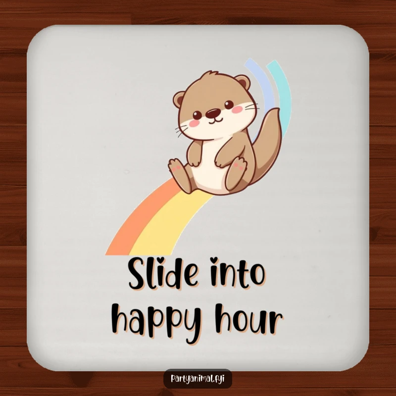 Funny Otter Coaster: A happy otter slides down a bright rainbow made of streamers, adding a touch of playful protection.