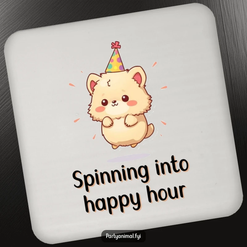 Funny Drink Coasters: A tiny, fluffy animal character in a party hat spins with energetic fun, protecting surfaces.